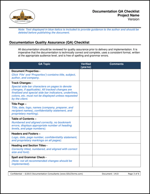 SDLCforms Documentation QA Checklist Template SDLCforms Documentation QA Checklist Template
