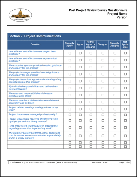 Sdlcforms Post Project Review Survey Questionnaire